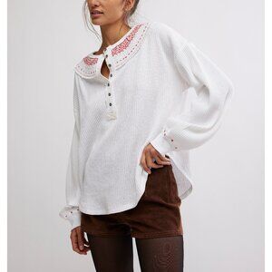 Free People White Waffle Henley with Red Embroidered Collar